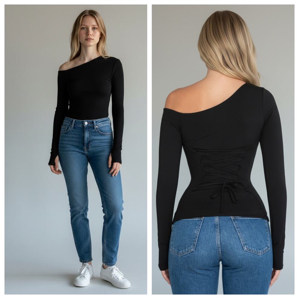 NWT TA3 Black Shapey One Shoulder Top Long Sleeve Lace Up Back Corset S